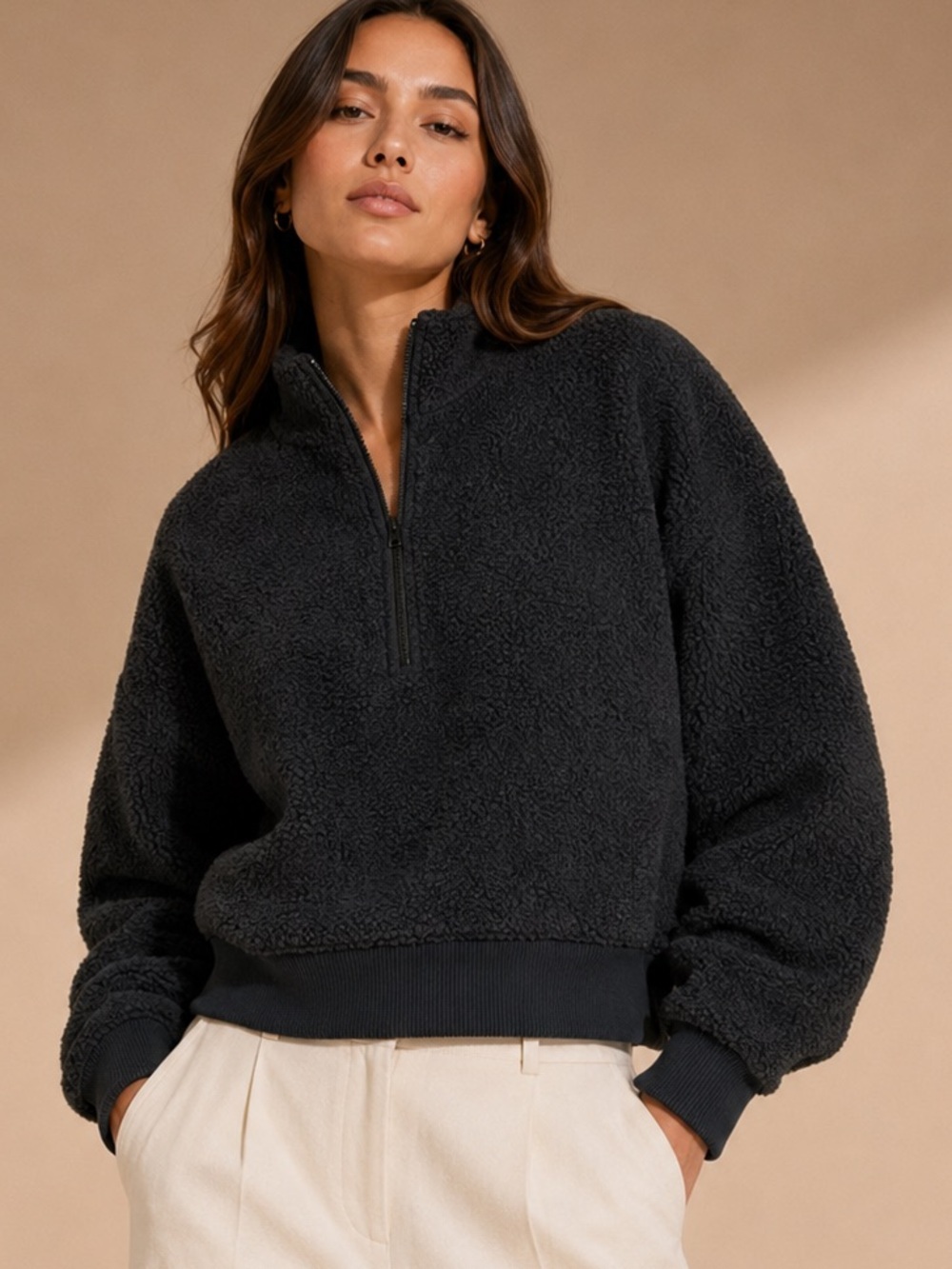 Athleta Black Sherpa Half Zip Pullover Size XL Cozy Fleece Athleisure Jacket
